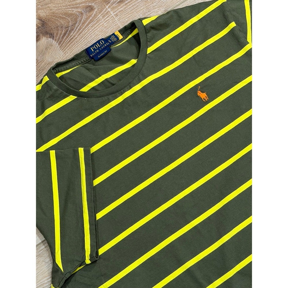 Polo Ralph Lauren Classic Fit Mens XL T-Shirt Olive Green Neon Yellow Striped